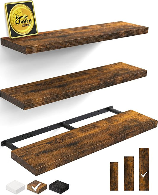 BAYKA Floating Shelves for Wall, 36 inches Wall Mounted Rustic Wood Shelves for Bathroom, Bedroom, Living Room, for Storage/Decor with 30lbs Capacity（Rustic Brown,Set of 3