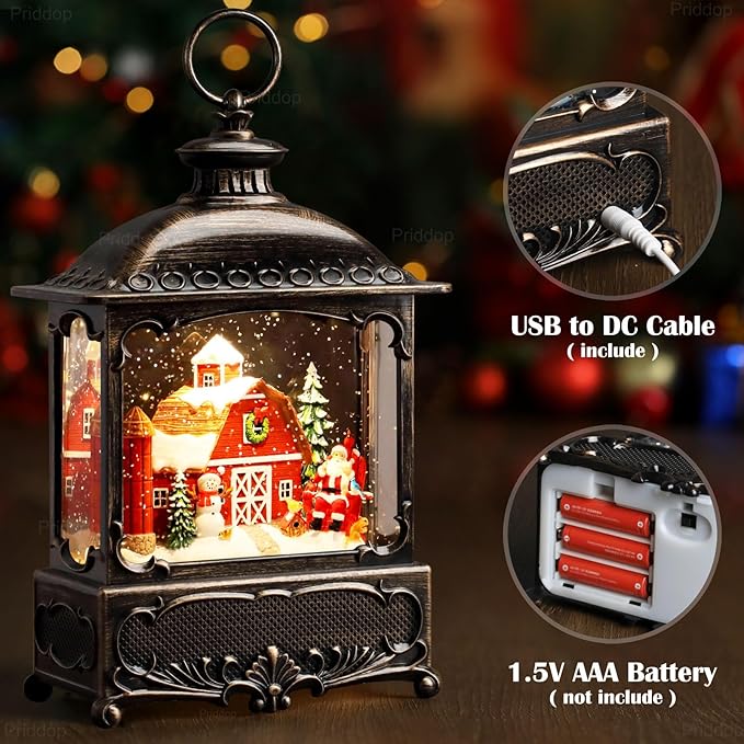 Christmas Snow Globe Lantern Christmas Decorations Gifts Barn Snowman Santa Claus Cardinal Winter Farm Scene Musical Glitter Snowfall USB/Battery Timer 12 inch