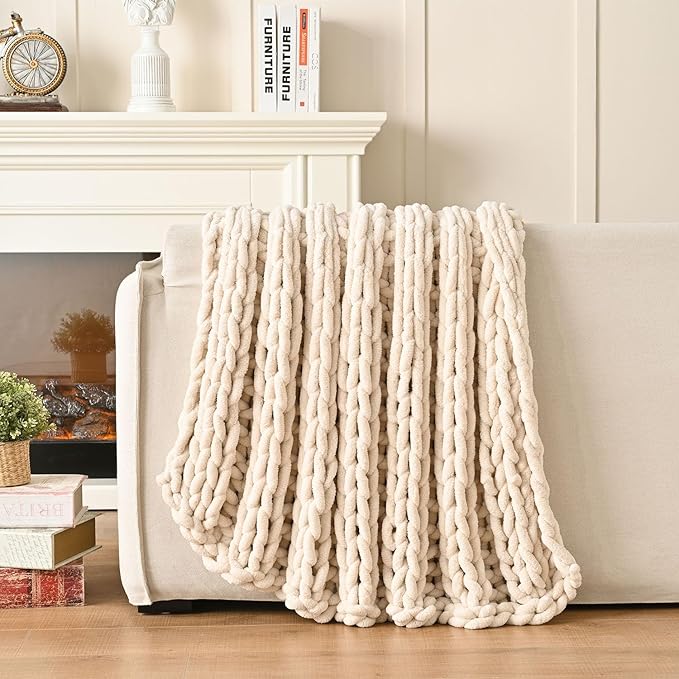 Esterra Chunky Knit Blanket Throw, 100% Handmade Chenille Throw Blanket 40"x50", Soft Thick Yarn Cable Knit Crochet Throw Blanket Rope Knot Throw for Couch Bed Sofa, Apricot White