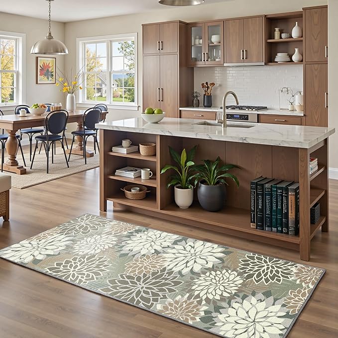 Area Rug 2x6 Brown White Washable Entry Rug Multicolored Tropical Botanical Modern Floral Indoor Kitchen Door Mat Entrance Carpet Non Slip for Bedroom Living Room, Porch