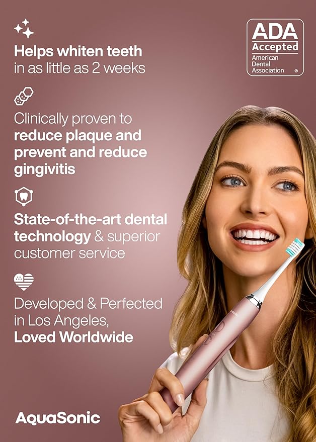 Aquasonic Vibe Series Ultra-Whitening Toothbrush – ADA Accepted Electric Toothbrush - 8 Brush Heads & Travel Case – 40,000 VPM Motor & Wireless Charging - 4 Modes w Smart Timer – Satin Rose Gold