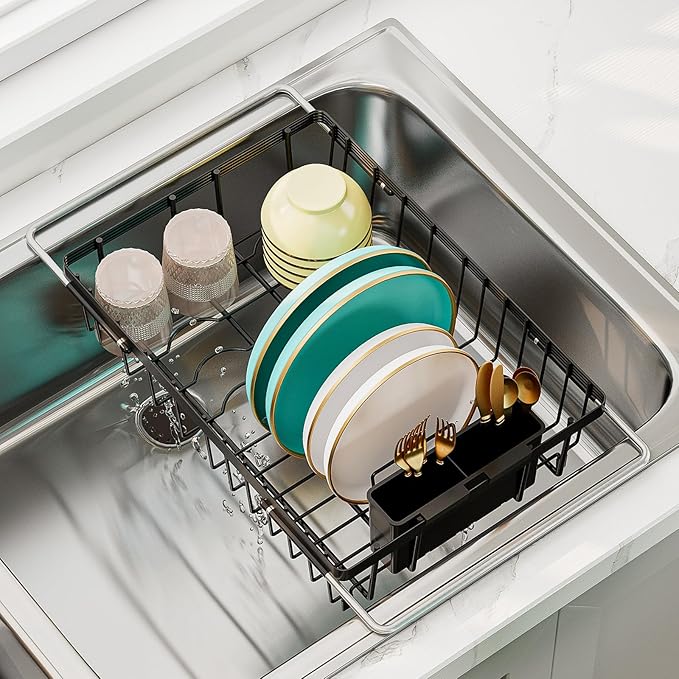 Expandable Dish Drying Rack in Sink, Adjustable Stainless Steel Rustproof Grip Handles Dish Rack Over The Sink, Dish Strainer with Drying Tray & Utensil Holder