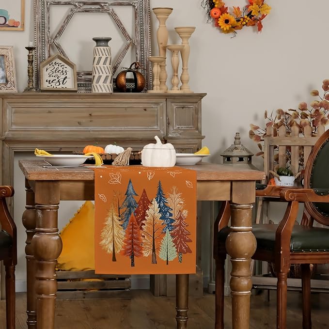 GEEORY Fall Watercolor Trees & Maple Leaves Table Runner 13x60 Inch, Rustic Farmhouse Autumn Thanksgiving Decor for Kitchen, Dining, Indoor/Outdoor Holiday Dinner Party Orange GT158-60