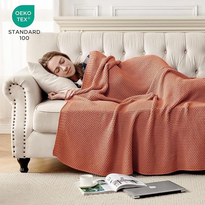 Joydeco Chunky Cable Knit Throw Blanket, Lightweight 100% Cotton Soft Cozy Throw Twin Blanket for Couch Bed and Sofa, Rustic Breathable Farmhouse Blanket Gift for Women Men(Burnt Orange, 51"x63")