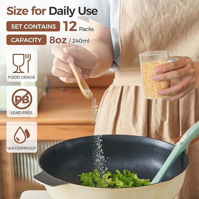 ComSaf 12 Pcs Glass Spice Jars and Spoons, 8oz Glass Containers with Bamboo Lids, Storage Containers with Airtight Lids with 275 Labels for Seasonings, Salt, Loose Leaf Tea Storage