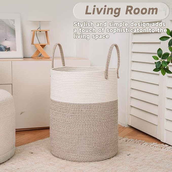 Large Woven Laundry Basket Hamper,100L Cotton Rope Storage Bin for Blankets,Toys and Clothes,Decorative Tall Nursery Hamper for Living Room,Baby Nursery,Bathroom and Bedroom,Brown