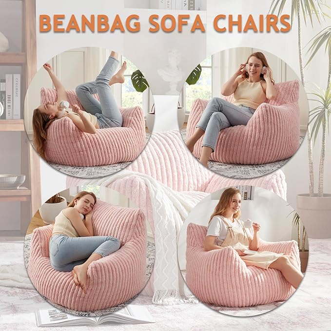 Giant Bean Bag Chairs for Adults with Filling Plush Fluffy Bean Bag Chairs for Teens with Armrests Comfy BeanBag Lazy Couch Sofa Chair for Bedroom Living Room Reading