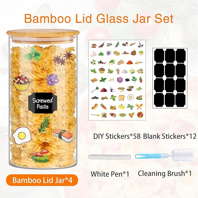 Glass Storage Jars 45 oz 4 Pcs Clear Glass Food Storage Containers with Airtight Bamboo Lid Stackable Kitchen Canisters for Candy, Cookie, Rice, Sugar, Flour, Pasta, Nuts