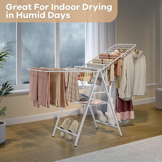 APEXCHASER Drying Rack for Clothing Foldable, Metal Laundry Rack Collapsible, Ultra Thin Gullwing Clothes Airer with Adjustable Height for Towel Baby Clothes Indoor Outdoor Laundry Room, White