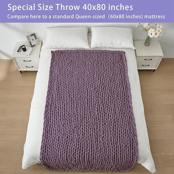 Bigacogo Chunky Knit Throw Blanket for Couch, 40x80 inches, 100% Hand Knitted with Thick Jumbo Chenille Yarn, Cozy Soft Large Rope Knot Cable Crochet Blankets for Sofa Bed Living Room, Winter Grape
