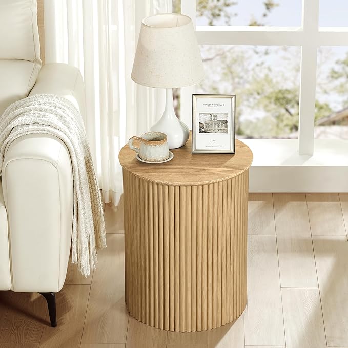 AVZEAR Small Round Side Table Fluted Night Stand Set of 2, Modern Boho End Table with Storage, 17.7" Circle Bedside Tables Wood Nightstands for Small Spaces, Living Room, Bedroom (Natural)
