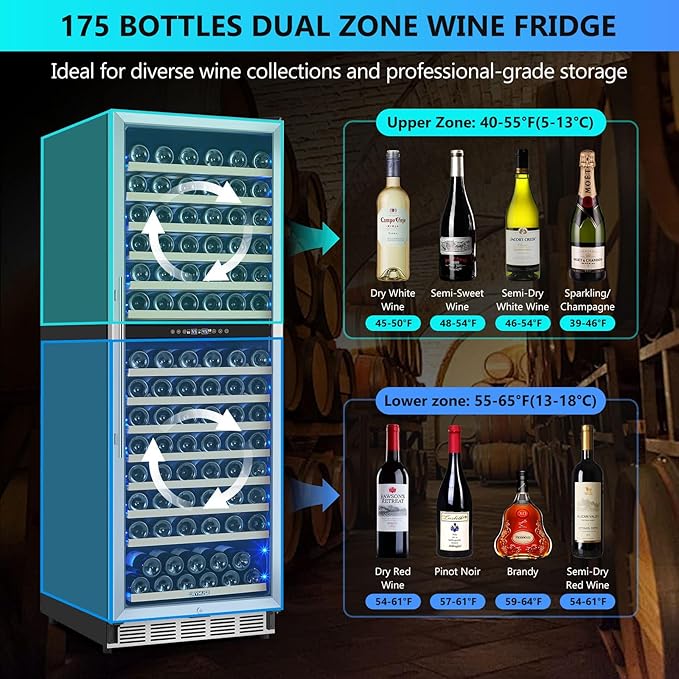 Dual Zone Wine Fridge Freestanding 175 Bottle, 24 Inch Large Capacity Built-in Wine Cooler Refrigerator with Upgraded Compressor Cooling and Intelligent Temperature Memory