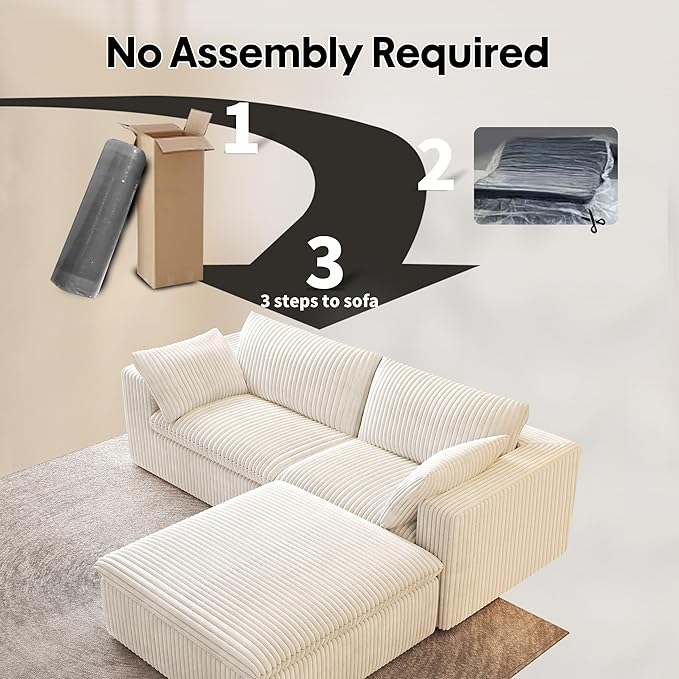 78.74" L Shaped Modern Sofa Modular Sectional Cloud Couch with Ottoman,Upholstered Couches with Plush Corduroy Fabric for Living Room Furniture,Bedroom and Apartment,No Assembly Required,White