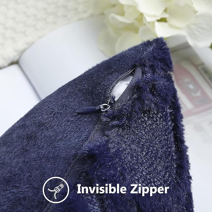 decorUhome Fall Throw Pillow Covers 24x24 Inch Set of 2, Soft Plush Decorative Faux Fur Navy Blue Solid Couch Pillow Covers, Accent Farmhouse Neutral Square Euro Pillow Cases for Sofa Bed Living Room