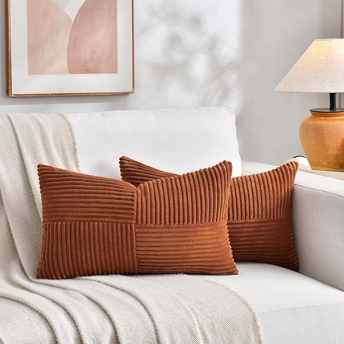 Fancy Homi 2 Packs Rust Lumbar Decorative Throw Pillow Covers 12x20 Inch for Couch Bed Sofa, Rustic Farmhouse Boho Home Decor, Soft Striped Corduroy Rectangle Accent Terracotta Cushion Case 30x50 cm