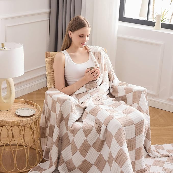 EMME Checkered Throw Blanket Cooling Cotton Blanket for Couch Soft Muslin Blankets 50"x60" Lightweight Breathable Cooling Soft All Season Gauze, Light Tan