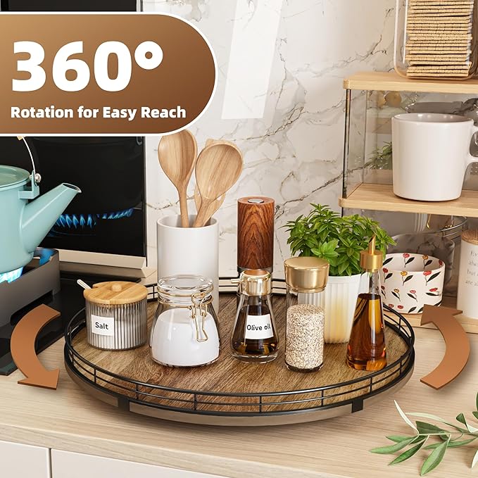 Acacia Wood 16" Lazy Susan Turntable Organizer for Table Top, Farmhouse Large Round Lazy Susan for Cabinet Kitchen Centerpieces Dining Table, for Condiments Charcuterie, Bathroom Vanity Tray Decor