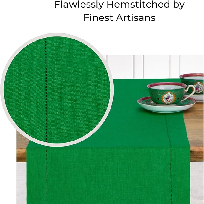 D'Moksha Homes Kelly Green Linen Table Runner 120 Inches Long - 100% Pure Linen Diamond Table Runner 14 x 120 Inch for Dining, Fall and Halloween - Machine Washable
