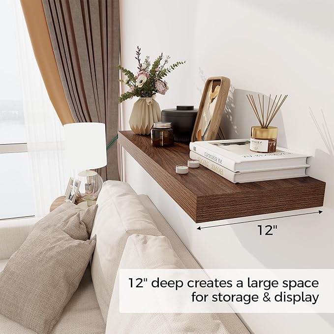 Floating Shelves 36 Inch Long, 12 Inch Deep Floating Shelves for Wall, 36 x 12 Shelves for Wall Storage & Display, 2" Thick Floating Shelf for Bathroom, Living Room, Bedroom, Walnut Color, Set of 2