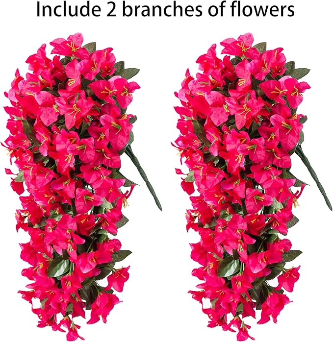 Faux Bougainvillea Artificial Flowers Plants for Outdoors Outside Decoration, 2 PCS Fake Flowers Silk Long Trailing Vines UV Resistant Realistic for Front Door Porch Planter Urn Patio Balcony Hot Pink