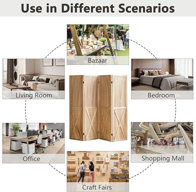 4 Panel Pegboard Wood Room Divider, 5.6Ft Pegboard Display Folding Privacy Screens, Peg Board Display Freestanding for Trade Show Craft Show Home Wall Organizer, Light Brown