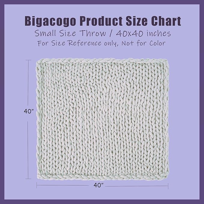 Bigacogo Chunky Knit Throw Blanket for Couch, 40x40 inches, 100% Hand Knitted with Thick Jumbo Chenille Yarn, Cozy Soft Large Rope Knot Cable Crochet Blankets for Sofa Bed Living Room, Beige