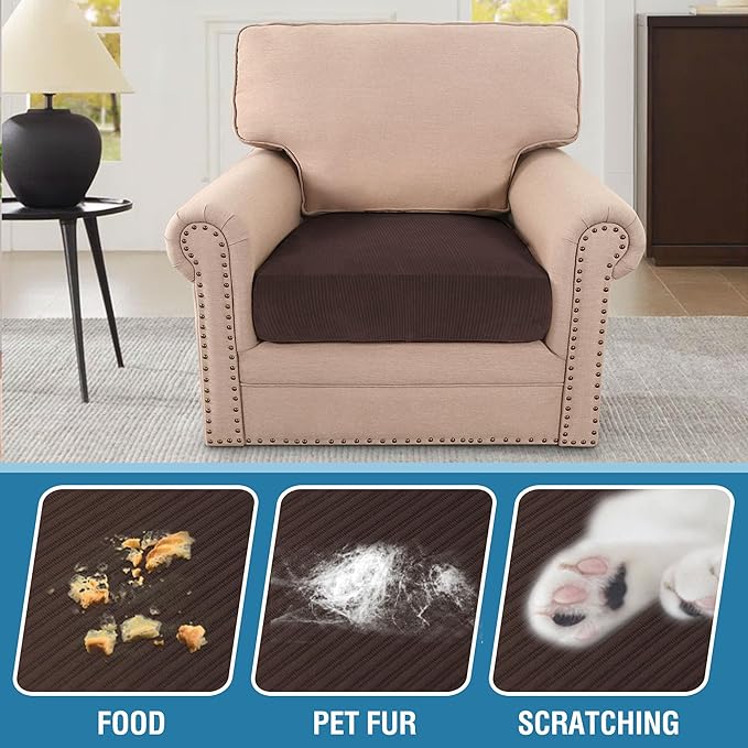 H.VERSAILTEX Velvet Stretch Couch Cushion Cover Plush Cushion Slipcover for Chair Cushion Furniture Protector Seat Cushion Sofa Cover (1 Piece Armchair Cushion Covers, Brown Striped)