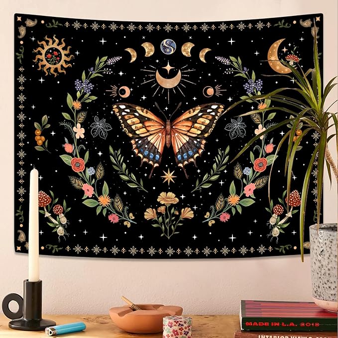 Lunerfex Boho Butterfly Tapestry Flower Moon Wall Tapestry, Moon Phases Tapestries for Bedroom Cute Tapestries Wall Hanging for Bedroom Living Room Decor Butterfly-1 44"x60"