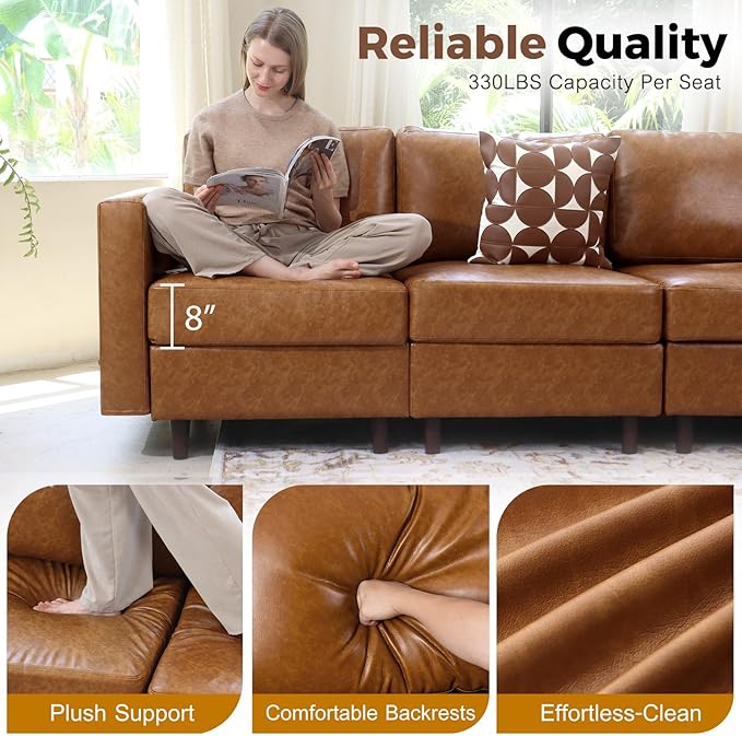 Oversized 145.5" Faux Leather Modular Sectional Sofa, Modern Large 12 Seater U Shaped Couch with Storage Seat with Reversible Chaise Deep Seat for Living Room DIY Combination - Brown