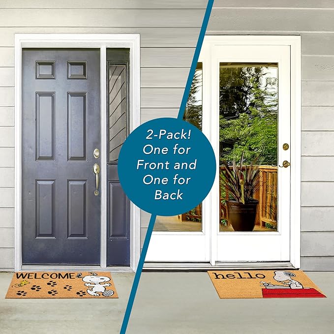 Gertmenian Peanuts Snoopy Coir Doormat - 2x3 Welcome Mat (2-Pack), Ideal for High Traffic Areas in Front Door, Garage, Entryway - Welcome, 80022