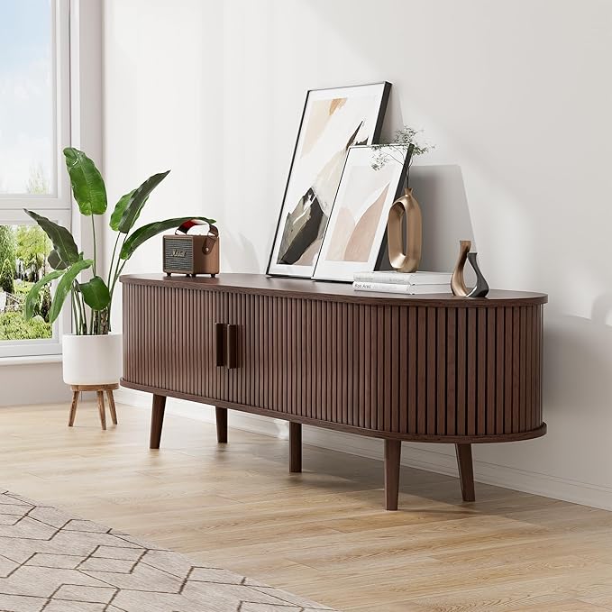 55" Mid Century TV Stand, Fluted TV Stand Fits 32" to 60" TVs. Wood Entertainment Center for Living Room, Farmhouse Modern TV and Media Console Table with Storage, Curved Edge and Sliding Door, Walnut