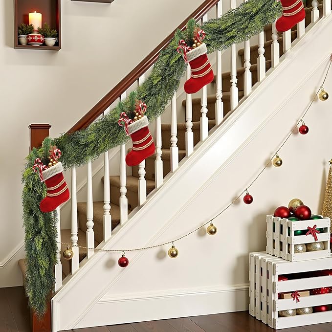 6 ft Christmas Garland, Cedar Garland, Real Touch Cypress Garlands, Green Artificial Greenery Garland for Mantel Indoor Outdoor Christmas Decorations