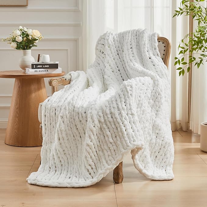 Carriediosa Chunky Knit Throw Blanket 50" X 60", 100% Hand Made Large Chenille Loop Yarn Soft Fluffy Throws for Couch Sofa Bed, Big Crochet Cozy Heavy Thick Cable Woven Blankets, Snow White