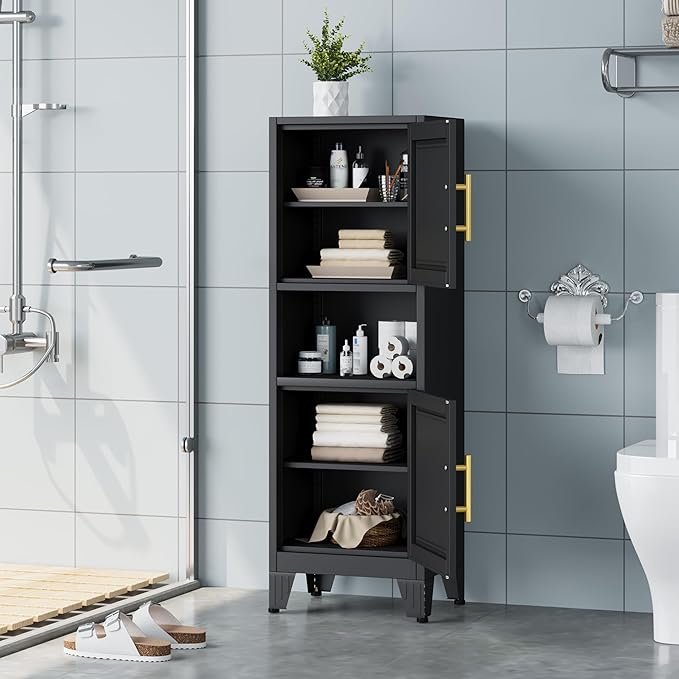 47.24" H Metal Narrow Bathroom Storage Cabinet Pantry Storage Cabinet, 2 Adjustable Shelves for Kitchen, Home Office, Living Room, Dinning Room (Black)