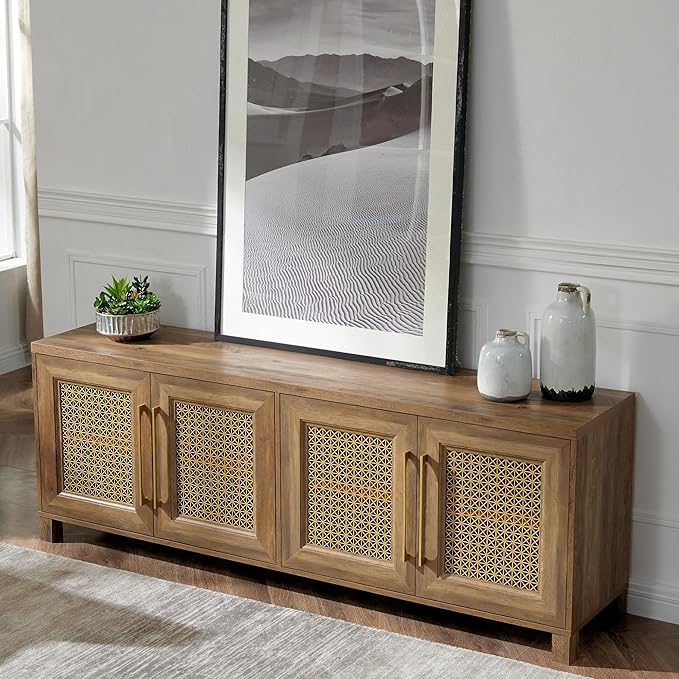 JYED Mid Century Modern TV Stand for TVs up to 75 Inch, with Hollow Metal Mesh Decorated，Boho TV Console with Storage Cabinet,Cable Holes, TV Stand for Living Room, 69.5"x15.6"x24.8", Rustic