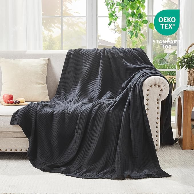 EMME Cotton Muslin Twin Blanket Breathable Gauze Blanket Soft Lightweight Blankets Adults Gifts for Women (Black, 60"x80")