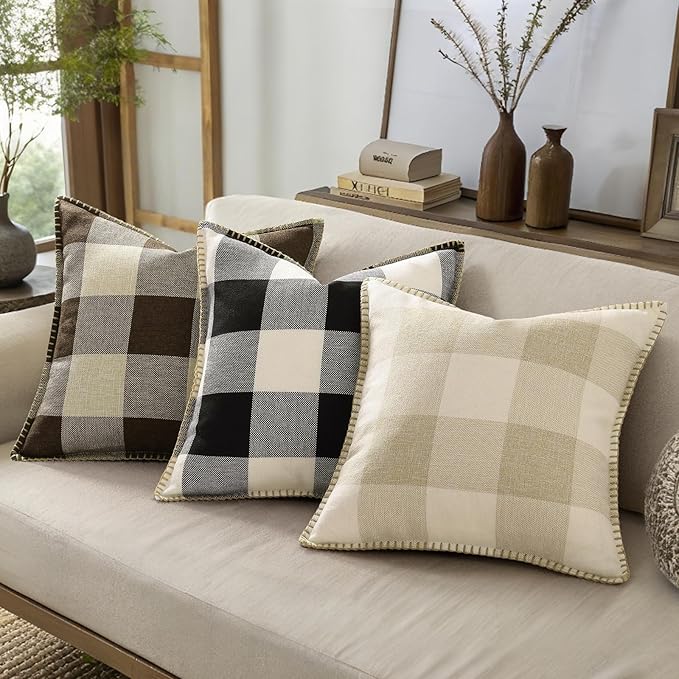 decorUhome Buffalo Plaid Check Throw Pillow Covers 12x20 Set of 2, Outdoor Lumbar Decorative Farmhouse Neutral Pillow Covers with Stitched Edge for Bed Couch Sofa, Black and White