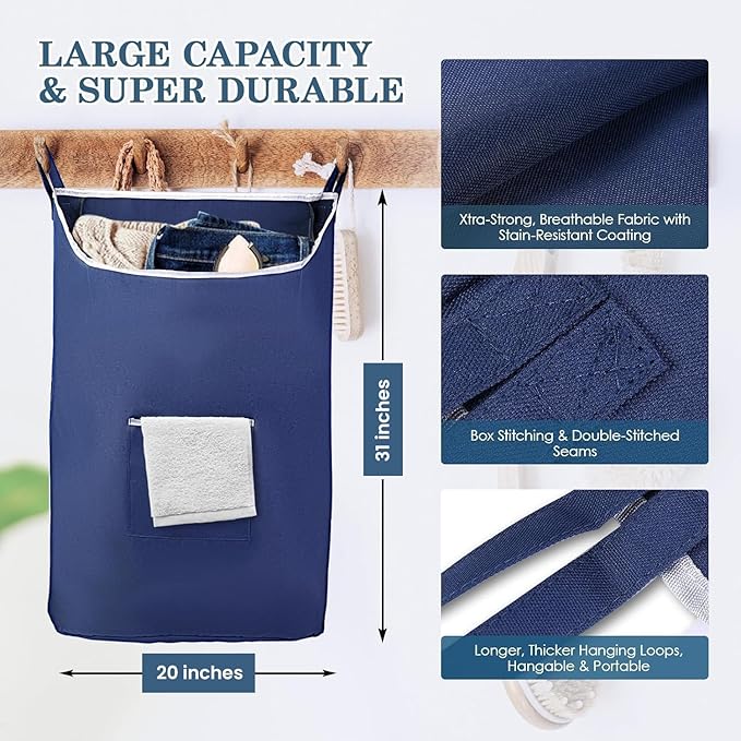 Fine Living Co. Large Hanging Laundry Hamper with Over Door Hooks & Adhesive, Durable Space Saving Laundry Bag with Zipper and Wide Open Top, Hanging Dorm Laundry Hamper (Navy Blue-XL)