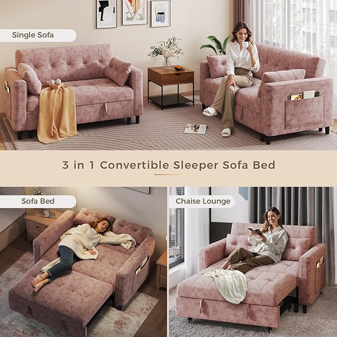 3 in 1 Convertible Sleeper Sofa Bed, Pull Out Couch Bed with Adjustable Backrest, Chenille Loveseat Couches with Side Pocket for Living Room, Bedroom (Pink)