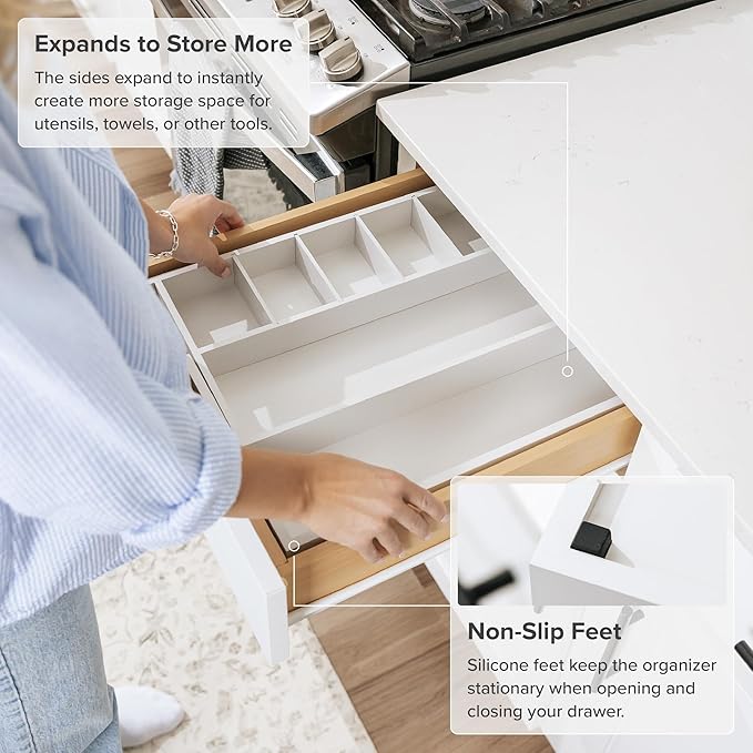 Adjustable Kitchen Drawer Organizer for Utensils and Junk, Food-Safe Contract Grade with 100% Sustainable Wood, Expandable from 10.5 to 19 Inches Wide - White Bamboo