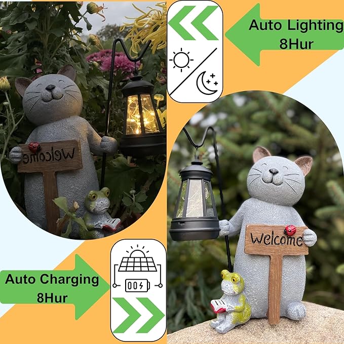 Cat Garden Statue with Solar Lantern: Cat Outdoor Figurine Decorations -Solar Garden Statue Decor for Patio,Balcony,Yard, Lawn - Gift for Mom, Grandma,Women, Housewarming,Birthday