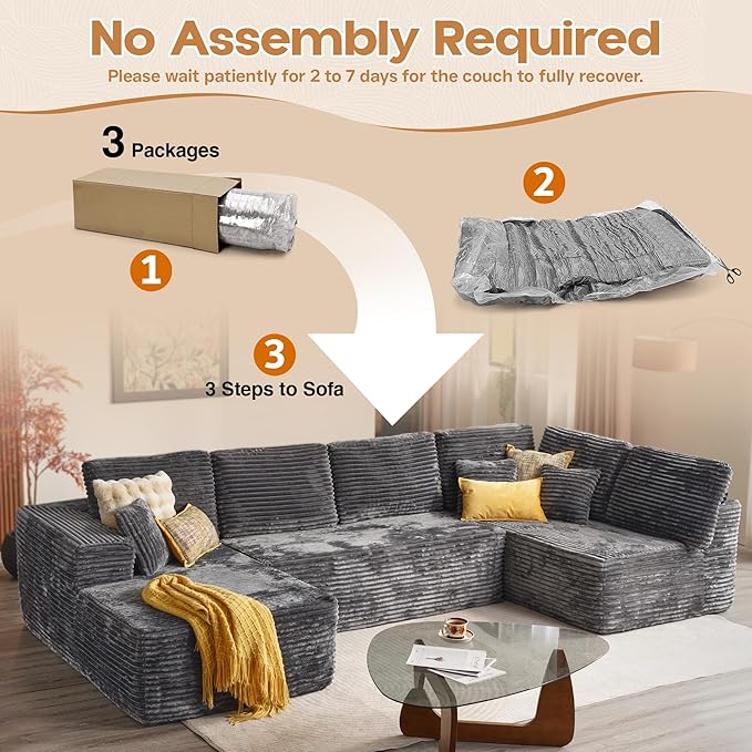 Cloud Sectional Couches for Living Room,U Shaped Modular Sofas No Assembly,133x68 Inches Plush Corduroy Oversized Floor Couch Set with Deep Seat Chaise,Grey