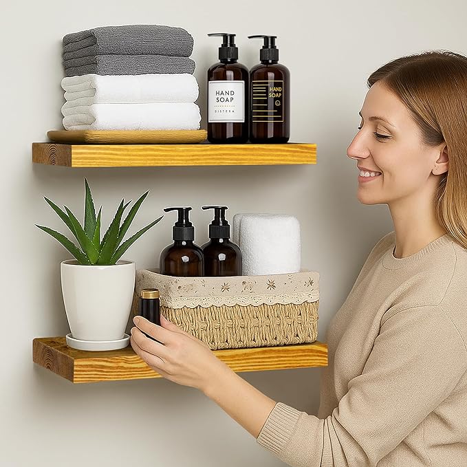 BGMG Wood Floating Shelves for Wall 18 inch Set of 2, Rustic Wooden Wall Mount Shelves for Living Room Bedroom Kitchen Farmhouse-18x6.7x1.25 inch- Gold Oak