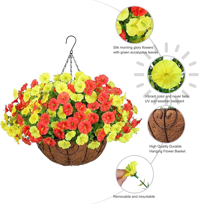 Artificial Fall Flowers Fake Hanging Plants Flowers Basket for Outdoors Autumn Decoration, Silk Morning Glory with Eucalyptus Look Real UV Resistant Faux Flowers for Outside Porch Patio Balcony, Mix