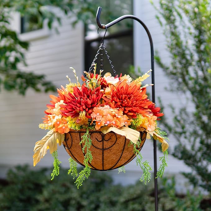 Artificial Fake Hanging Mums Flowers Plants Baskets for Outdoor Outside Decoration, Faux Silk Orange Flower Chrysanthemum UV Resistant Realistic for Porch Patio Balcony Yard Decor