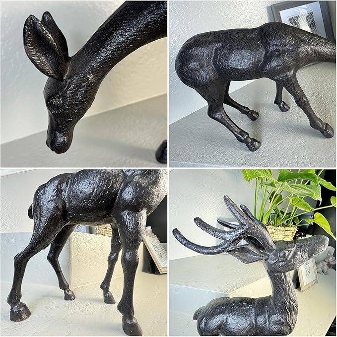 Elegant Pair of Cast Iron Deer Sculptures -22" and 11.4" Tall Male and Female Set for Outdoor Garden Decor, Realistic Animal Statues HC3672-5691