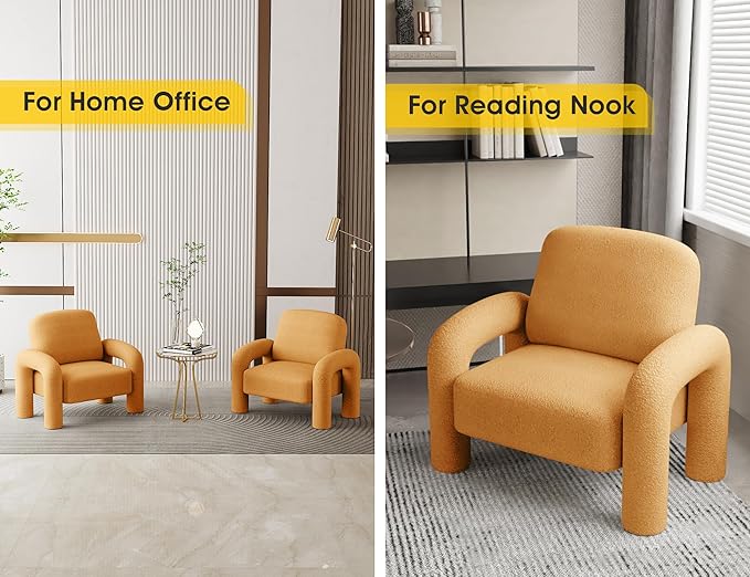 Modern Sherpa Accent Chair, Teddy Upholstered Arm Single Sofa, Cozy Fluffy Reading Chair for Living Room, Bedrooms, Corner (Yellow)
