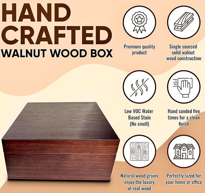 Blake & Lake Wooden Box with Hinged Lid - Solid Walnut Wood Eco Box - Wood Storage Box with Lid - Wooden Keepsake Box - Decorative wooden boxes with lids (Walnut)