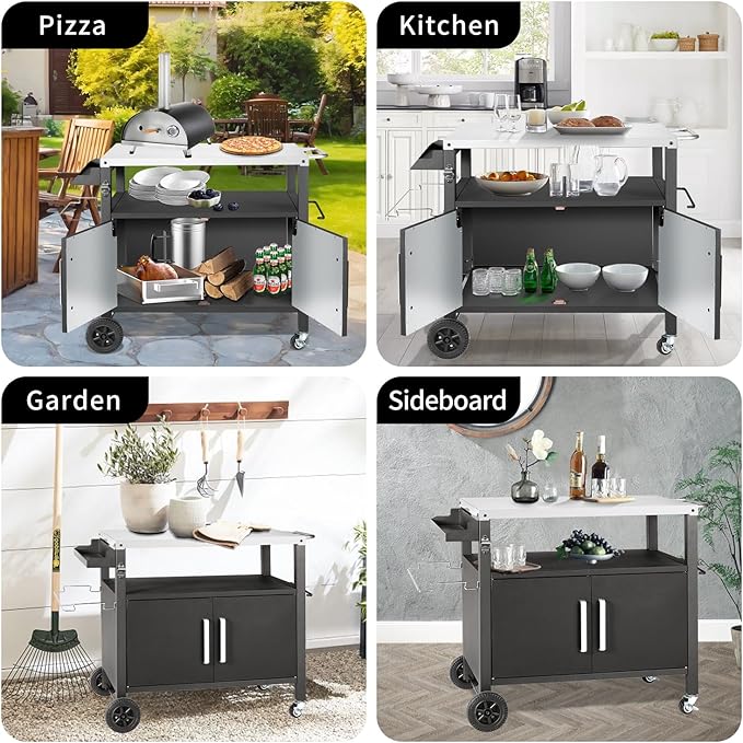 Dining Cart Table with Big Storage Cabinet, Movable Outdoor BBQ Grill Table Pizza Oven Stand, Kitchen Cart Island Multifunctional Food Prep for Inside and Outside