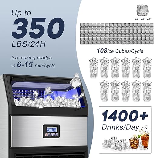 Commercial Ice Maker Machine 300LBS/24H with 75LBS Storage Bin, Stainless Steel Undercounter/Freestanding Ice Maker Machine for Home Bar Outdoor, 108PCS Ice Cubes Ice Machine, Self Cleaning